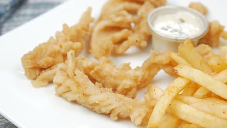 cooked squid rings and shrimp on a plate top view ,