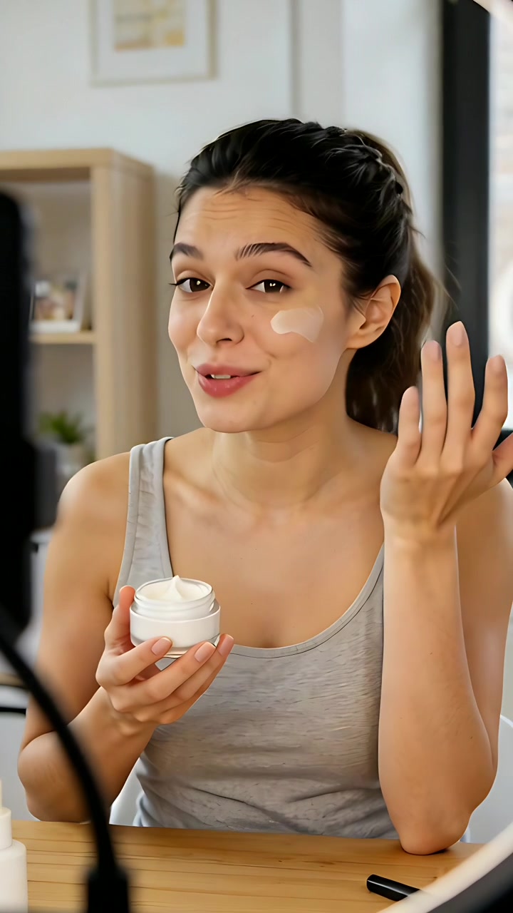 Vertical video: Turning ring light on, woman in tank applying cream from jar at vanity for camera