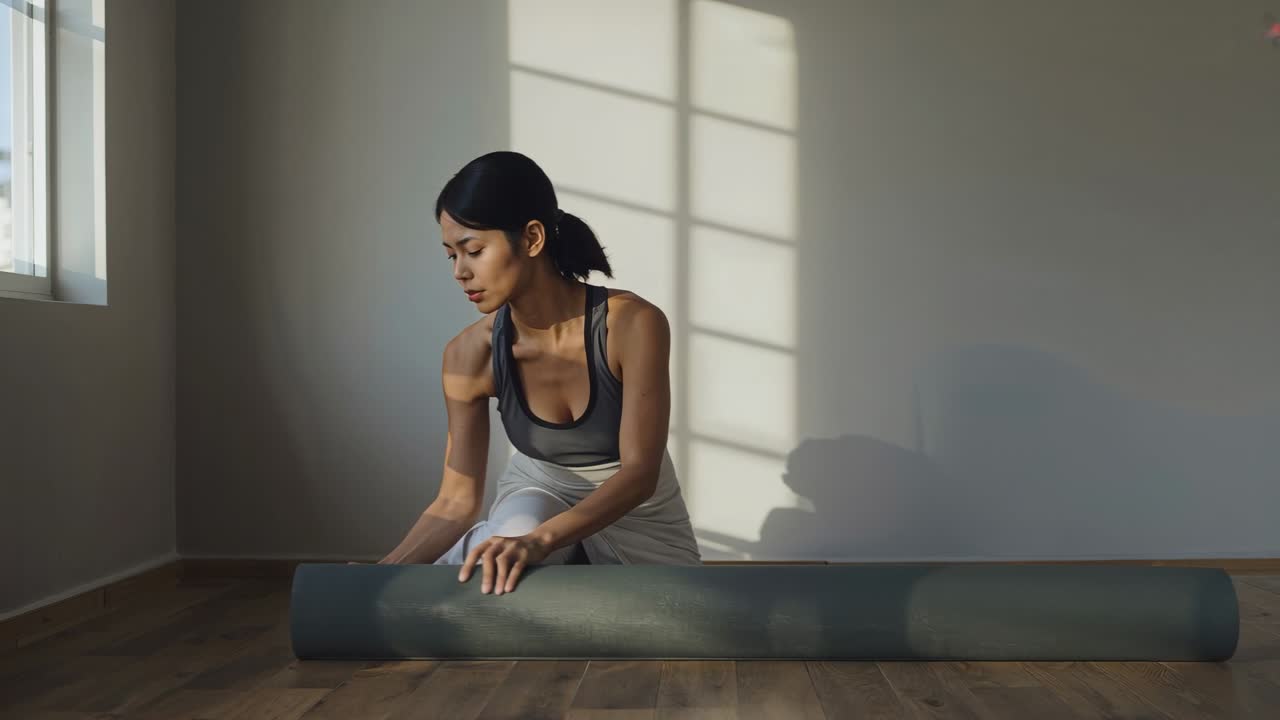 Entering woman in athletic wear, pulling and smoothing dark yoga mat near large window for practice