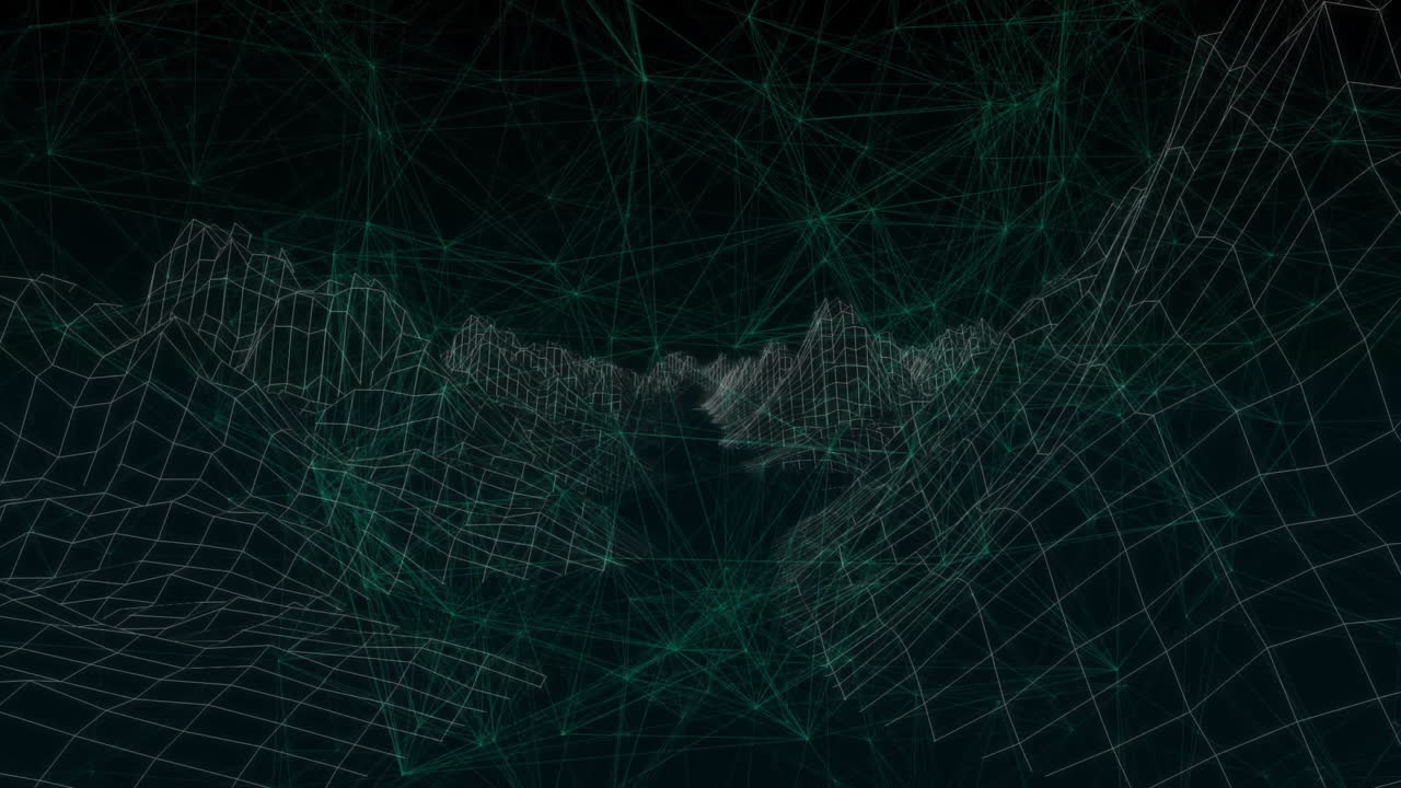 Abstract wireframe terrain forming jagged peaks, connecting glowing network nodes in 3D render