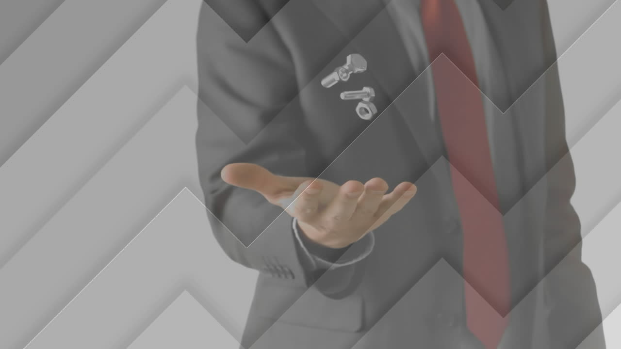 비즈니스맨이 견과류와 볼트를 던지고 잡는 중간 부분을 가로지르는 지그자그 질감의 애니메이션