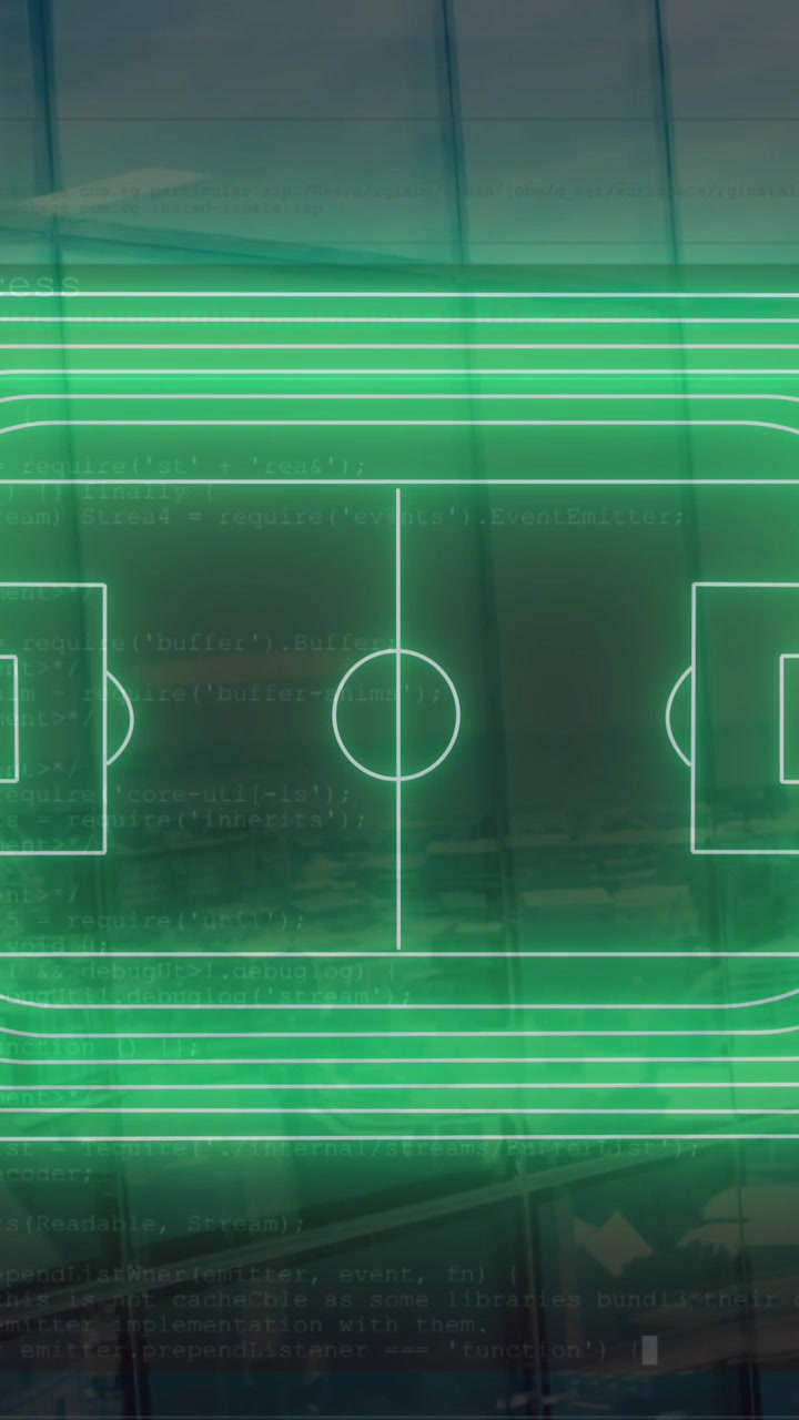 Animation of digital stadium over cityscape