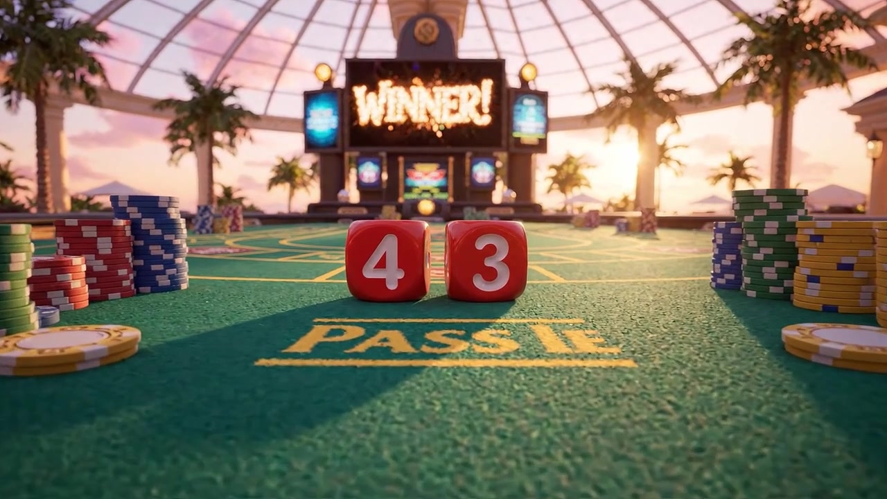 Emozionante scena di casinò con tavolo da poker circondato da palme e atmosfere da tramonto, che evidenzia momenti vincenti e lanci di dadi in un lussuoso ambiente di gioco.