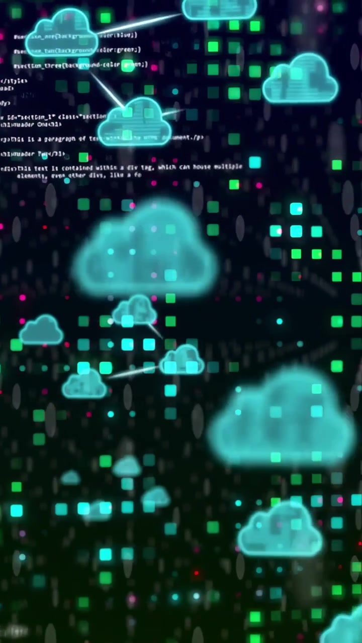 Vertical video: Pixel grid pulsing, clouds emerging and linking, code scrolling, showing data