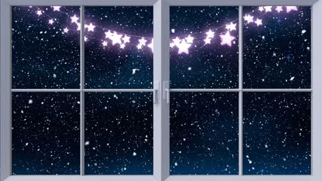 Digital-animation-of-purple-fairy-light-on-window-frame-against-snow-falling-against-night-sky