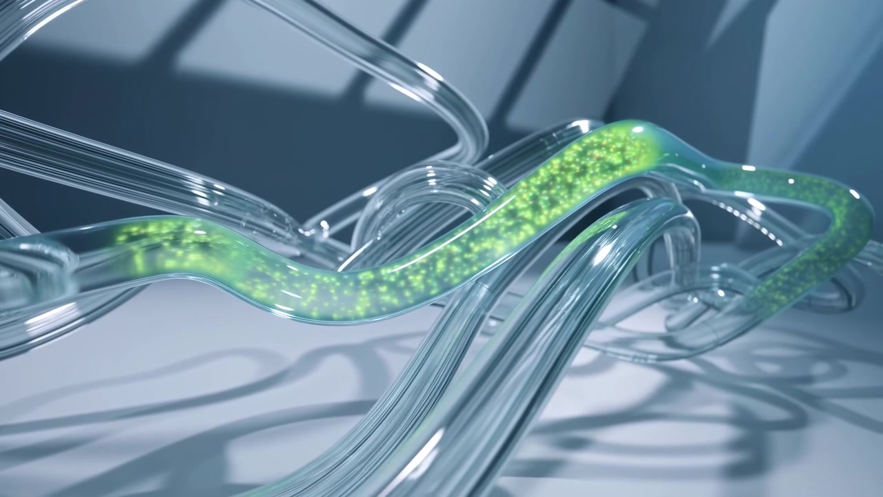 Abstract close-up of clear intertwined tubes with a luminous green stream moving across a cool metallic background, creating soft reflections, shadows, and a