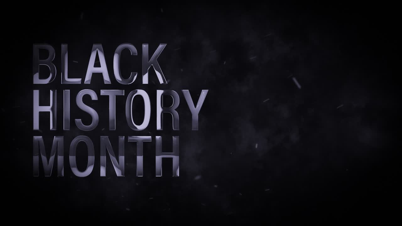 Black History Month 3D Silver Text animation with smoke cloud and flying particles on Black Background with copy space. 4K 3D rendering seamless loop for Black History Mont cinematic title intro.