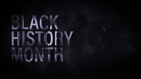 black history month 3d silver text animation with smoke cloud and flying particles on black background with copy space. 4k 3d rendering seamless loop for black history mont cinematic title intro.