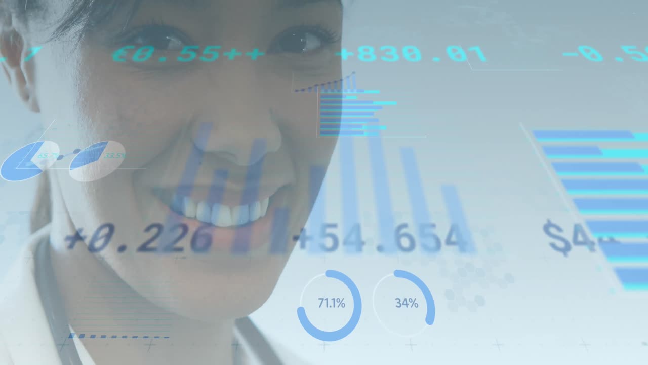 animación del procesamiento de datos y las estadísticas sobre la mujer médico con estetoscopio