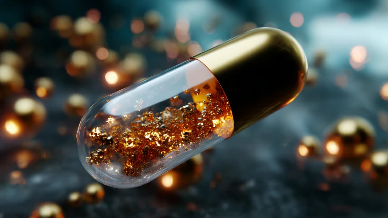 In this mesmerizing visual, a glimmering capsule filled with golden particles floats amidst shimmering orbs, evoking a sense of innovation in the realms of health and beauty, reflecting the essence of modern science and creativity