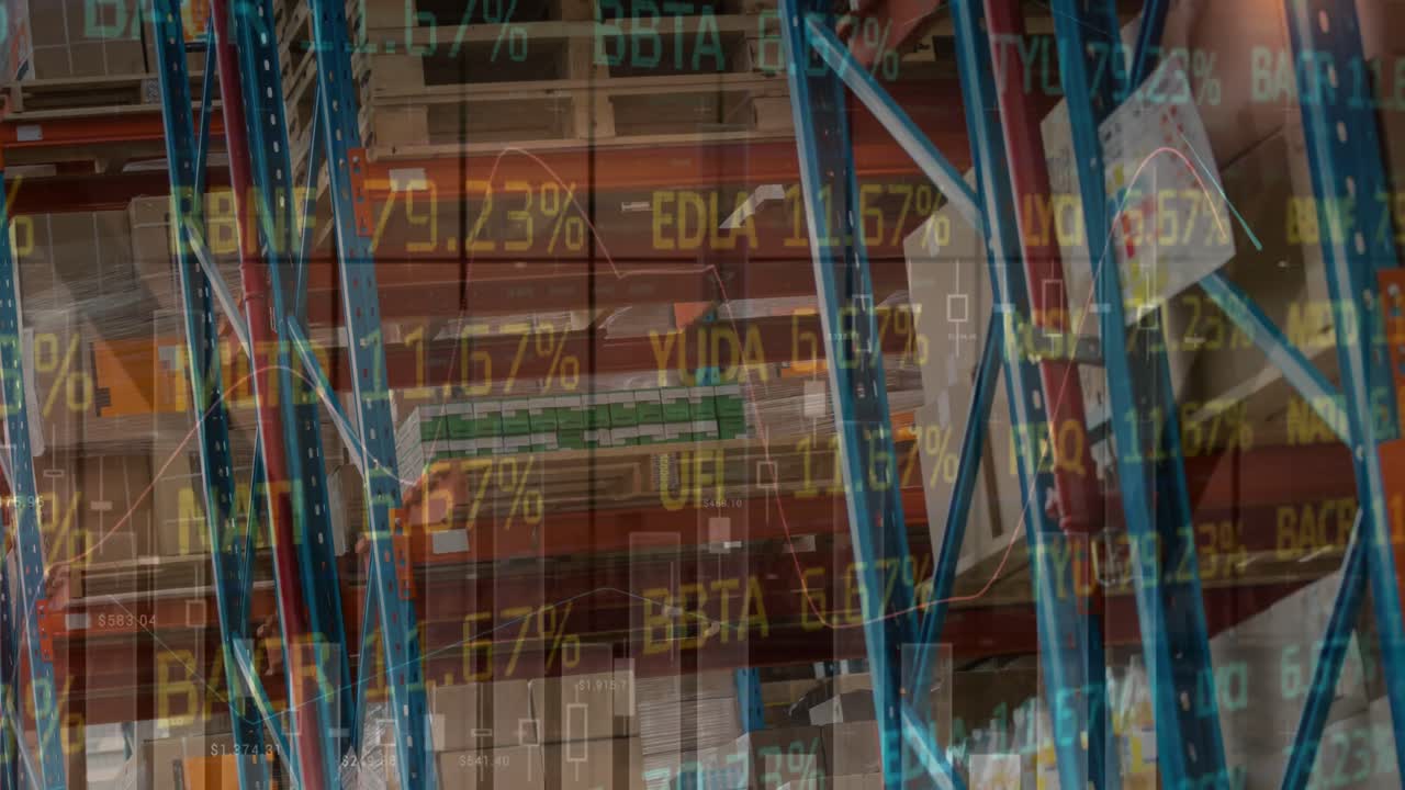 animación del procesamiento de datos financieros y el mercado de valores en un almacén vacío