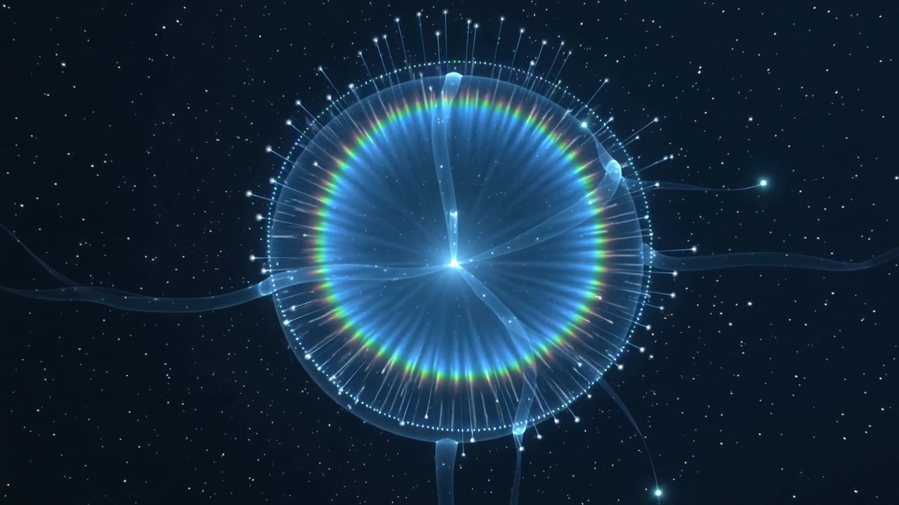 Nucleo pulsante che aziona un guscio trasparente, formando raggi di colore, con bracci tubolari flessibili e punte acuminate nello spazio.