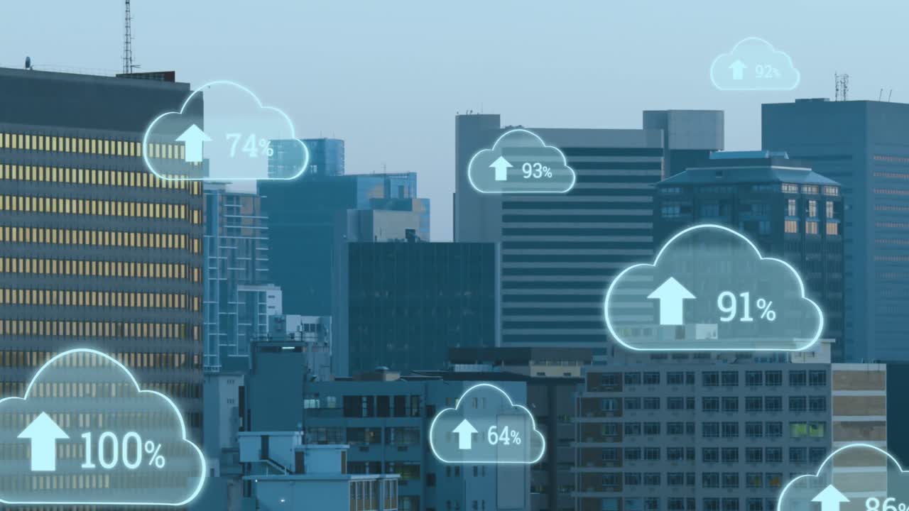 Animation of digital clouds with uploading floating over cityscape