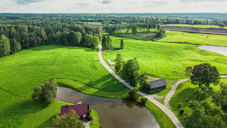 Rotierende-Drohnen-Zeitrafferaufnahme-Eines-Seehauses-Am-üppigen-Teich