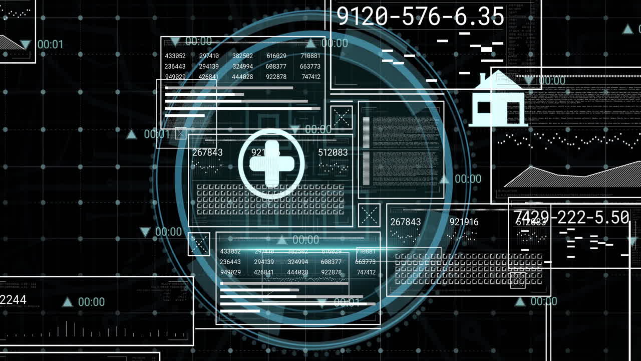 Animation of scope scanning with icons and data processing on black background