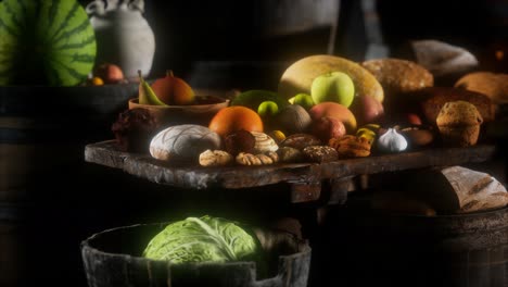 food table with wine barrels and some fruits, vegetables and bread