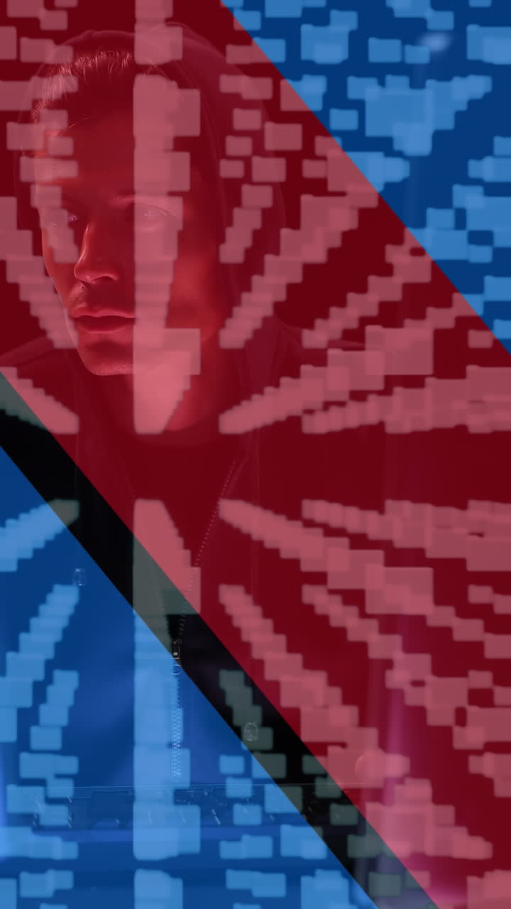 animación de un hacker caucásico, carpetas y candado digital sobre la bandera de ucrania y rusia