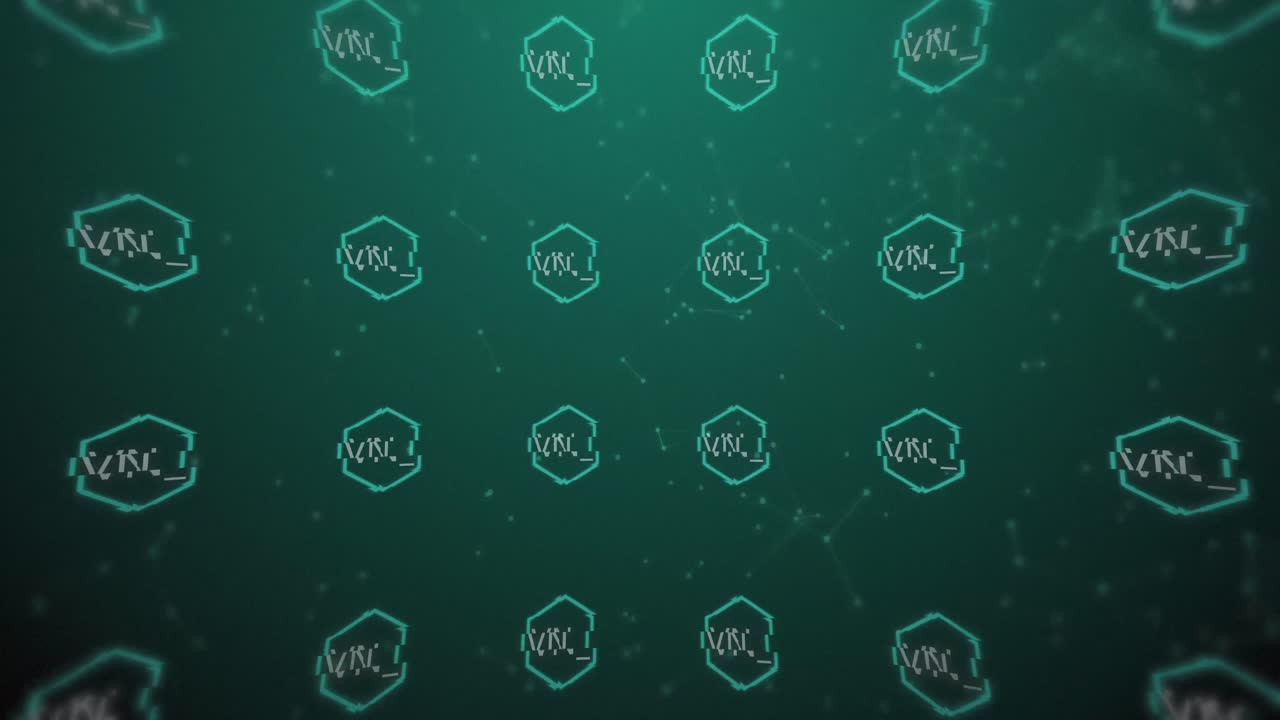 animación del texto nft en hexágonos de neón sobre formas blancas sobre fondo azul