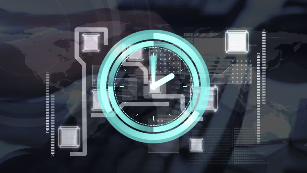 Animation of clock with turning hands over network of connections and hands using computer
