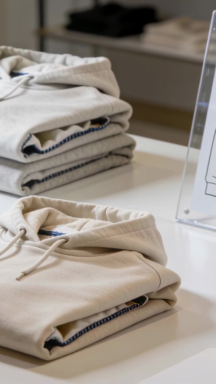 Vertical video: Shifting camera zooming on beige hoodies in store with acrylic sign showing texture