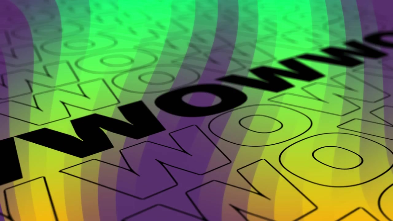 Animation of wow text over colorful patterned background
