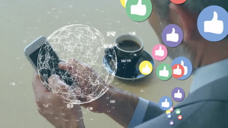 Using smartphone, man viewing animation of social media likes and connections