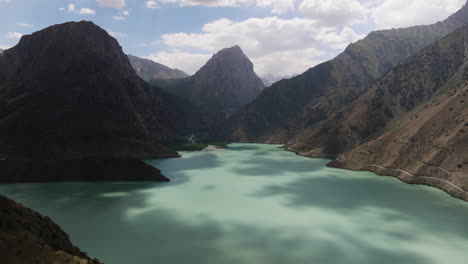 mountain lake iskanderkul in tajikistan - aerial drone shot