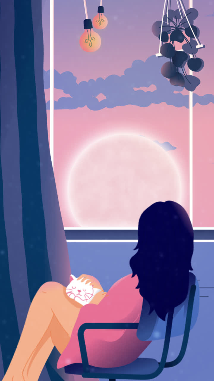 mujer con gato en la ventana al atardecer o al amanecer