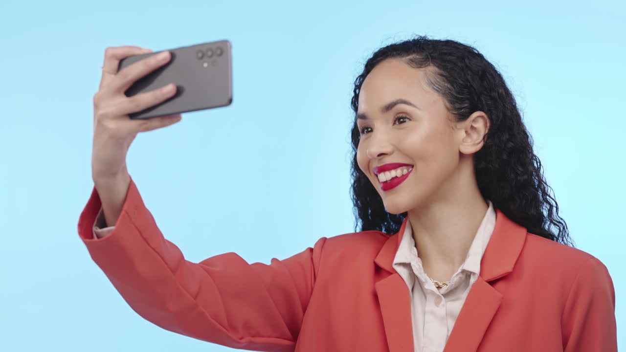 Selfie, business woman and smile in studio