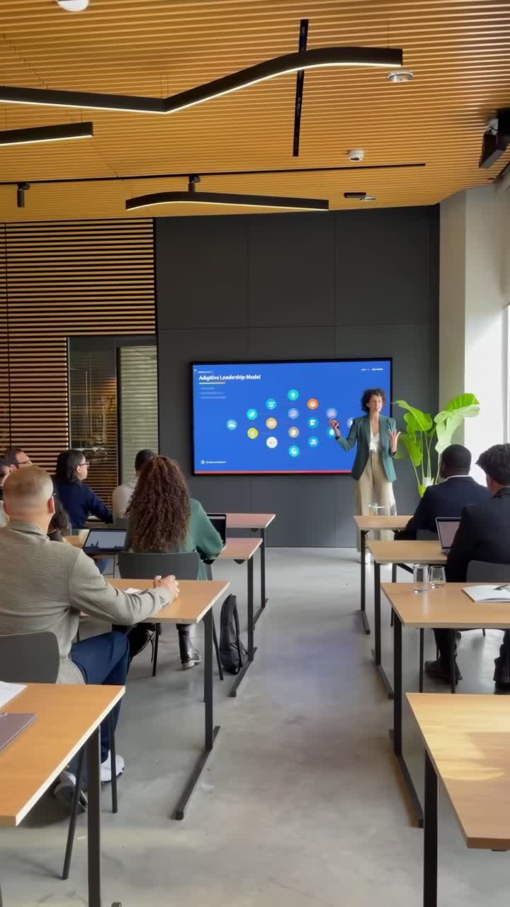 Un video riprende una presentazione aziendale da un angolo posteriore in un ufficio moderno ed elegante