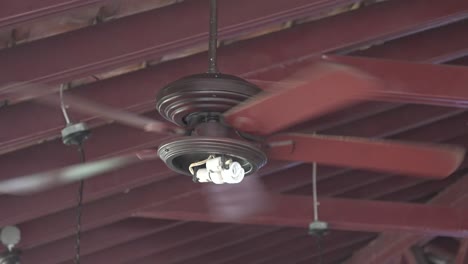 Ceiling-fan-with-spiral-CFL-bulb-without-cap-spinning-at-medium-rate-in-Costa-Rica,-Looking-up-shot