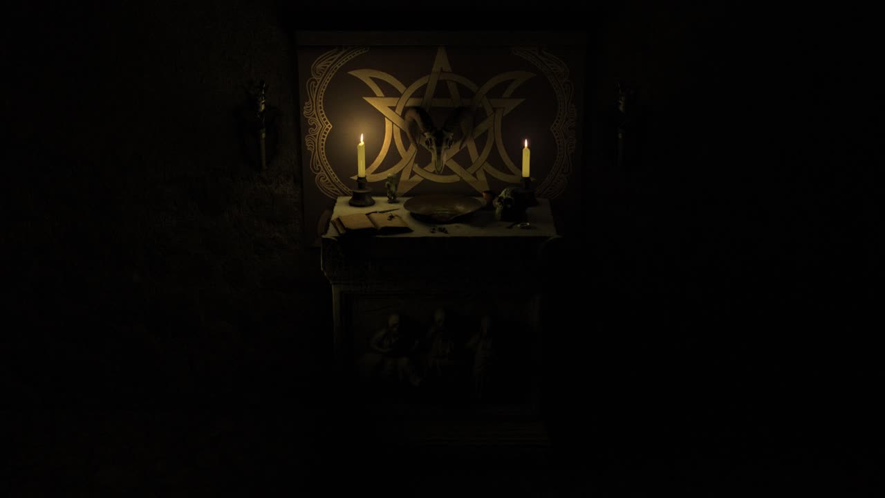 cgi 3d fotorrealista de una escena de capilla oscura a la luz de las velas con un altar de piedra antiguo de estilo pagano satánico, con grimorio, cuenco sangrante, objetos místicos y un cráneo de carnero montado en un pentáculo