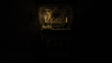 photorealistic 3d cgi render of a dark candle-lit chapel scene with a satanic pagan style ancient stone altar, with grimoire, bleeding bowl, mystical objects and a ram's skull mounted on a pentacle