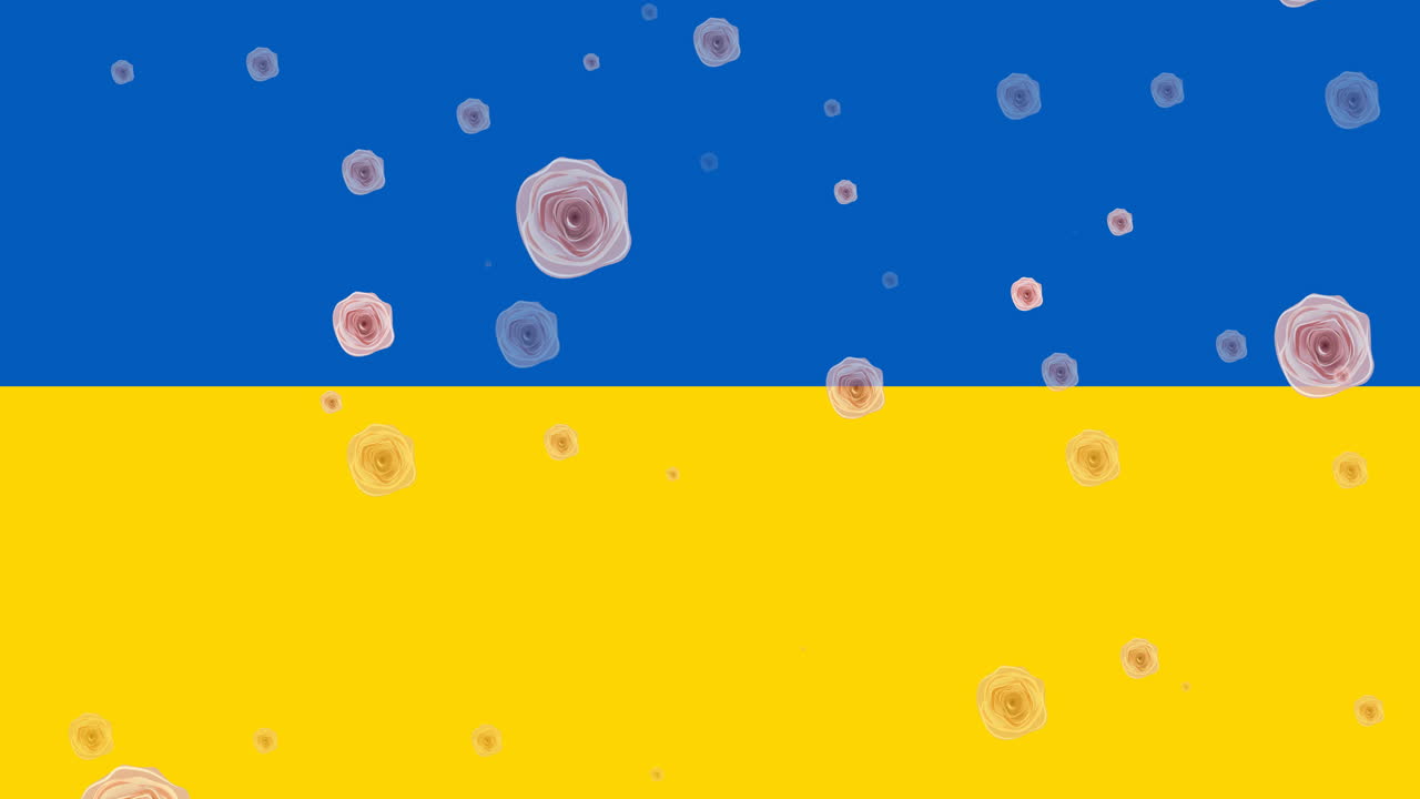 Animation of white roses floating over flag of ukraine