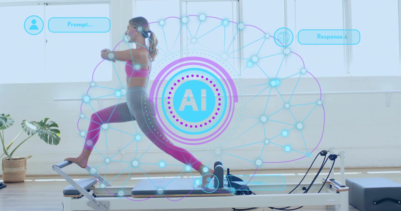 Instructor receiving prompt icons and lunging on reformer while AI network pulsing feedback