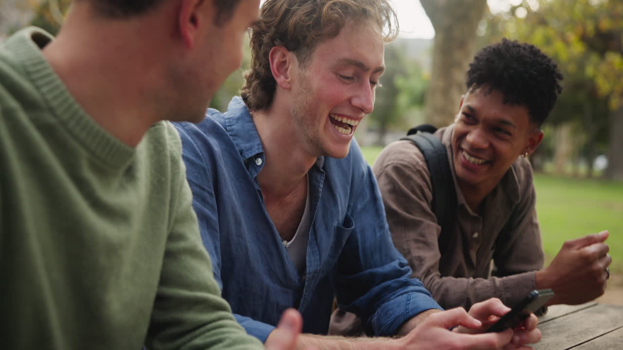 Friends looking at phone in park