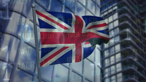 animation of mathematical numbers and symbols and waving uk flag against tall buildings