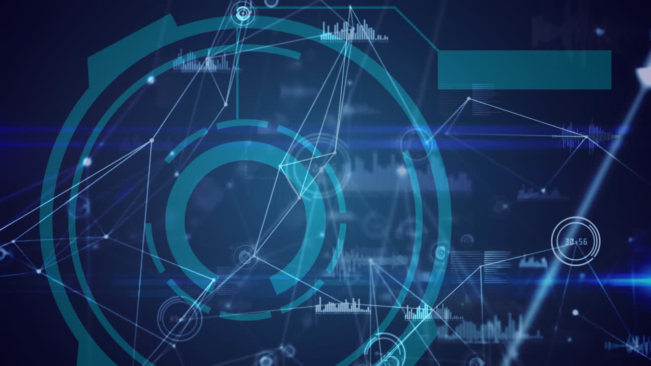 둥근 스캐너에 대한 연결 네트워크와 파란색 배경의 데이터 처리