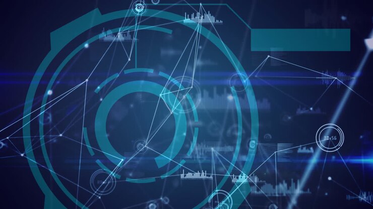 Network of connections against round scanner and data processing on blue background