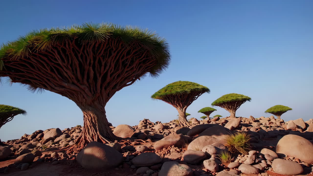 Dragon's Blood Trees in a Rocky Arid Landscape