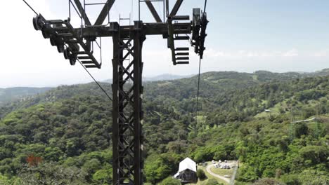 imágenes de mano de un tranvía aéreo que viaja cuesta arriba desde la estación de tranvía del cielo, con vistas panorámicas de fondo de una selva tropical