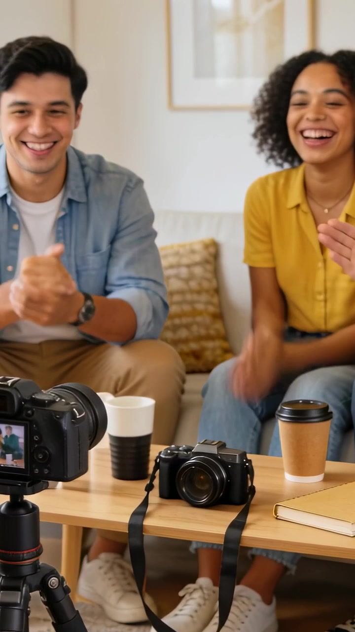 Vertical video: Clapping couple in denim and mustard top, tripod cam starting recording at home