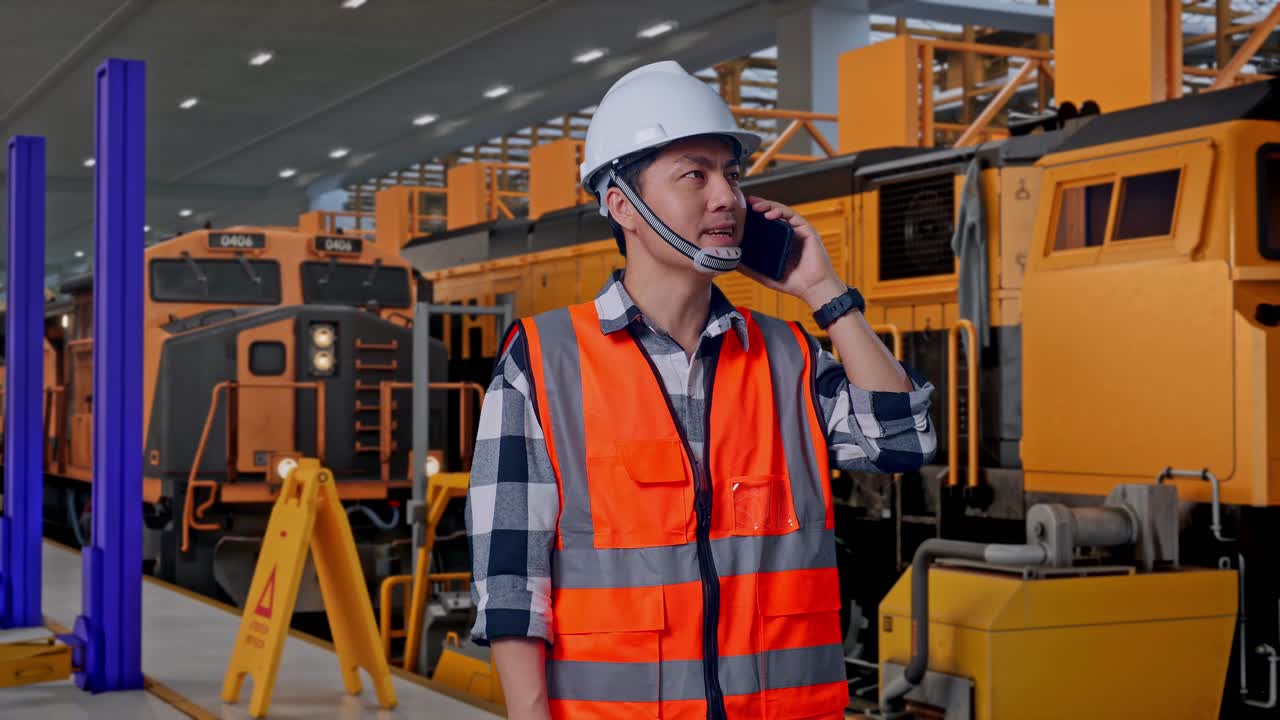 Ingeniero asiático con casco de seguridad hablando por teléfono mientras está de pie; ingenieros de mantenimiento de trenes en un depósito