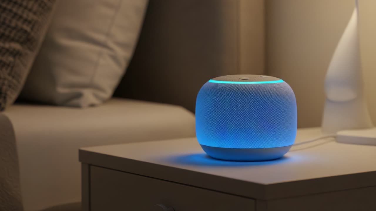 A Modern Smart Speaker Illuminate the Room with Soft Blue Light, Perfect for Ambient Evening Relaxation and Music Enjoyment on a Cozy Nightstand