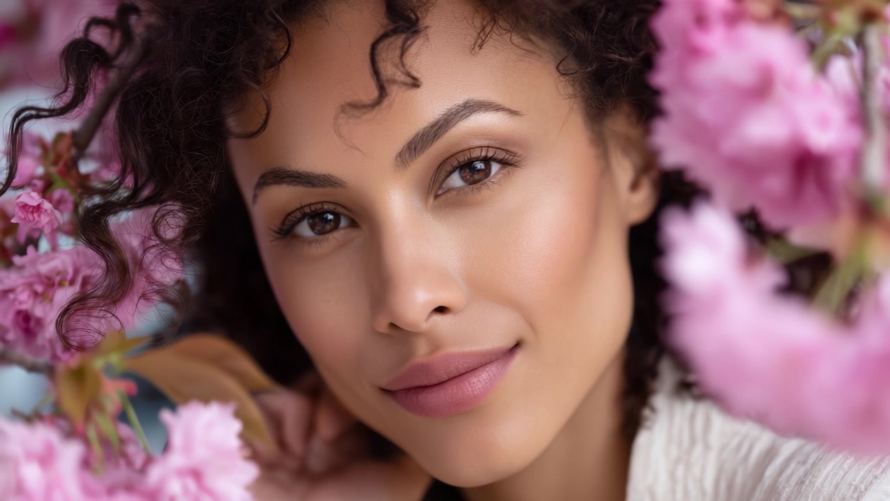 Un ritratto sereno e accattivante di una donna circondata da fiori rosa in fiore, che mette in risalto la bellezza naturale e la luminosità in un ambiente delicato e invitante.