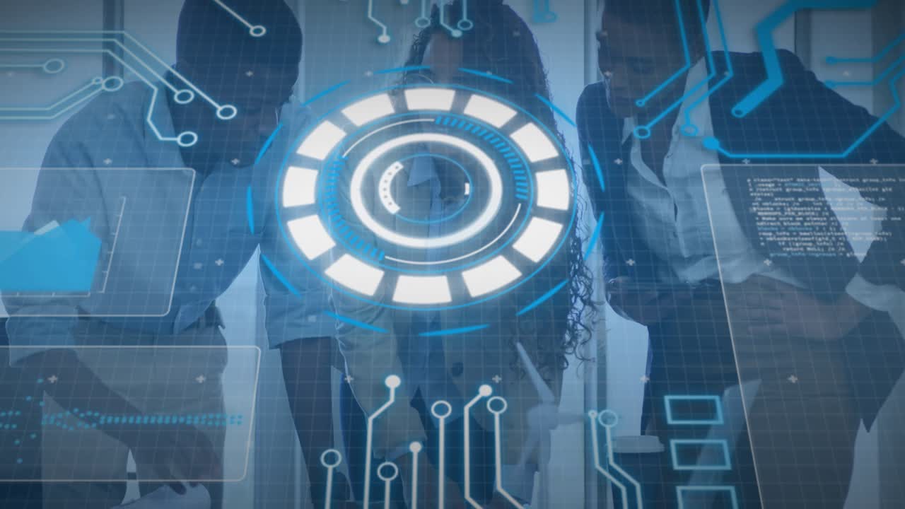 Professionals leaning on desk activating technology interface with data panels for analysis
