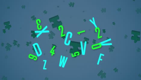 Animación-De-Piezas-De-Rompecabezas-Verdes-Y-Letras-Cayendo-Sobre-Fondo-Azul