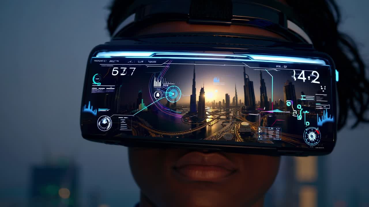 Woman wearing sleek VR headset, experiencing digital Dubai cityscape with data visualization, information layers reflecting technological innovation and urban connectivity