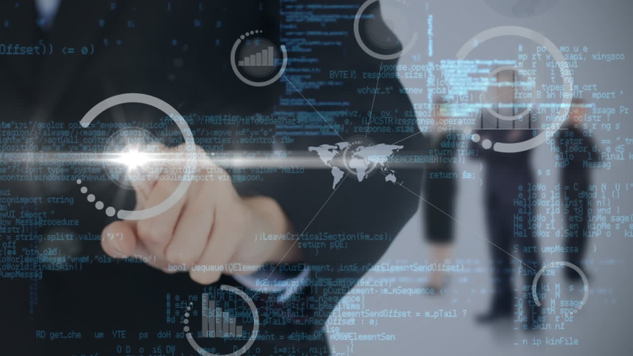 디지털 인터페이스를 사용하는 사업가의 디지털 복합 비디오