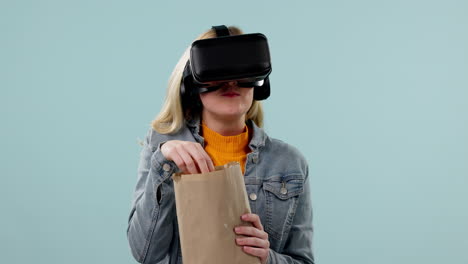 popcorn, vr or woman in studio for movie